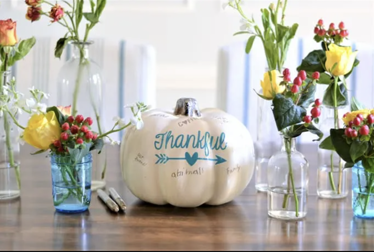 DIY Thankful Pumpkin Centerpiece Burlap and Blue